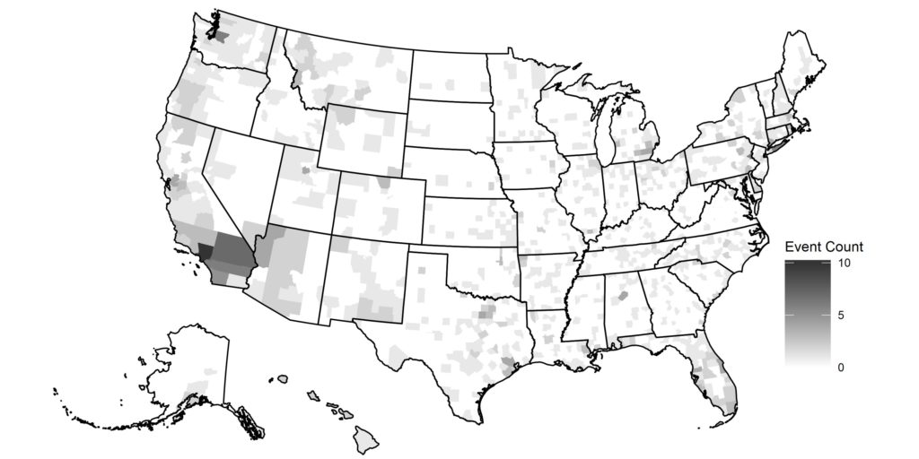 A map of the county-level distribution of 1,022 tax day Tea Party rallies, 2009.